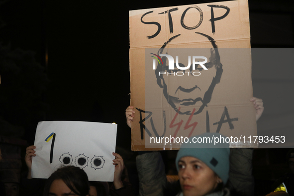 A protest is organized on the 1000th day of the war in Ukraine opposite the Embassy of the Russian Federation in Warsaw, Poland, on November...