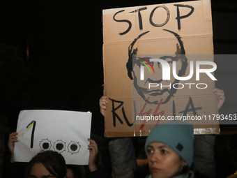 A protest is organized on the 1000th day of the war in Ukraine opposite the Embassy of the Russian Federation in Warsaw, Poland, on November...