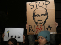 A protest is organized on the 1000th day of the war in Ukraine opposite the Embassy of the Russian Federation in Warsaw, Poland, on November...