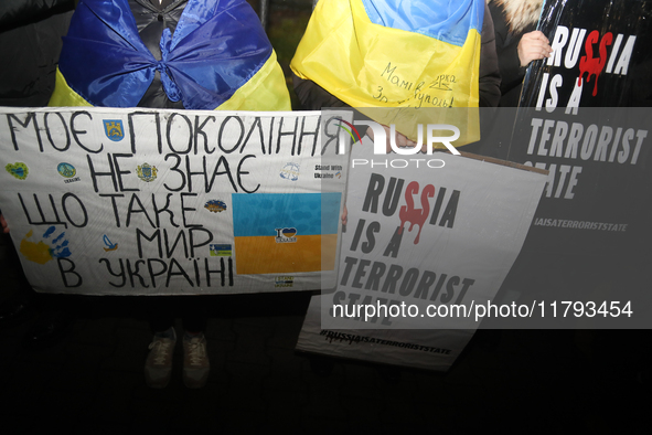 A protest is organized on the 1000th day of the war in Ukraine opposite the Embassy of the Russian Federation in Warsaw, Poland, on November...