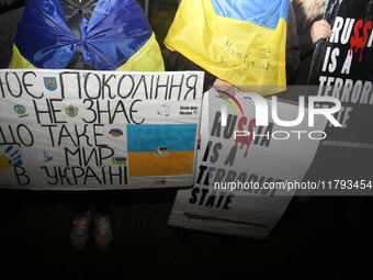 A protest is organized on the 1000th day of the war in Ukraine opposite the Embassy of the Russian Federation in Warsaw, Poland, on November...