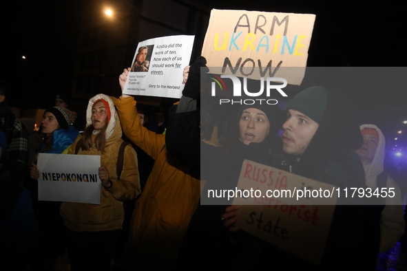 A protest is organized on the 1000th day of the war in Ukraine opposite the Embassy of the Russian Federation in Warsaw, Poland, on November...