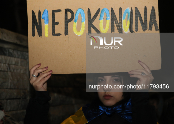 A protest is organized on the 1000th day of the war in Ukraine opposite the Embassy of the Russian Federation in Warsaw, Poland, on November...