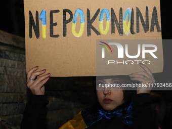 A protest is organized on the 1000th day of the war in Ukraine opposite the Embassy of the Russian Federation in Warsaw, Poland, on November...