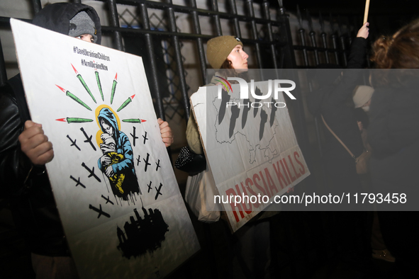 A protest is organized on the 1000th day of the war in Ukraine opposite the Embassy of the Russian Federation in Warsaw, Poland, on November...