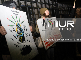 A protest is organized on the 1000th day of the war in Ukraine opposite the Embassy of the Russian Federation in Warsaw, Poland, on November...