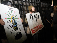 A protest is organized on the 1000th day of the war in Ukraine opposite the Embassy of the Russian Federation in Warsaw, Poland, on November...