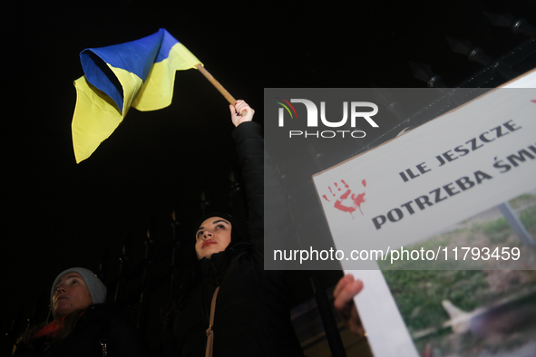 A protest is organized on the 1000th day of the war in Ukraine opposite the Embassy of the Russian Federation in Warsaw, Poland, on November...