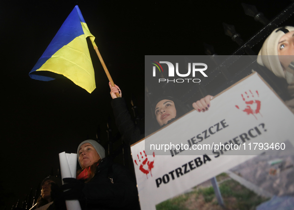 A protest is organized on the 1000th day of the war in Ukraine opposite the Embassy of the Russian Federation in Warsaw, Poland, on November...