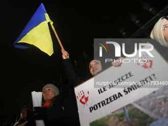 A protest is organized on the 1000th day of the war in Ukraine opposite the Embassy of the Russian Federation in Warsaw, Poland, on November...