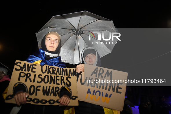 A protest is organized on the 1000th day of the war in Ukraine opposite the Embassy of the Russian Federation in Warsaw, Poland, on November...