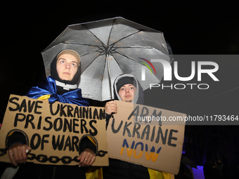 A protest is organized on the 1000th day of the war in Ukraine opposite the Embassy of the Russian Federation in Warsaw, Poland, on November...