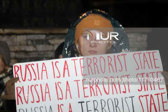 A protest is organized on the 1000th day of the war in Ukraine opposite the Embassy of the Russian Federation in Warsaw, Poland, on November...