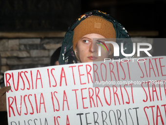 A protest is organized on the 1000th day of the war in Ukraine opposite the Embassy of the Russian Federation in Warsaw, Poland, on November...