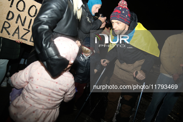 A protest is organized on the 1000th day of the war in Ukraine opposite the Embassy of the Russian Federation in Warsaw, Poland, on November...