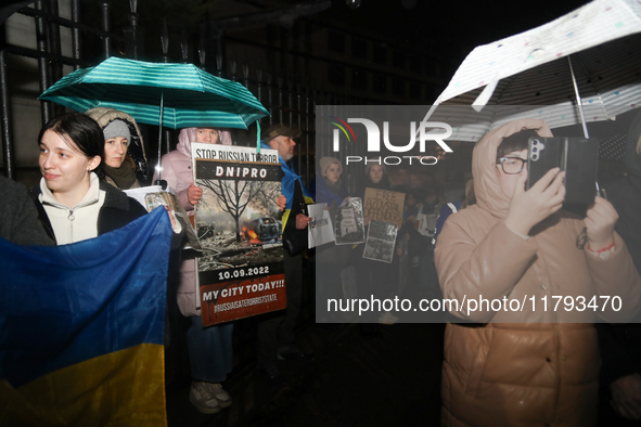 A protest is organized on the 1000th day of the war in Ukraine opposite the Embassy of the Russian Federation in Warsaw, Poland, on November...