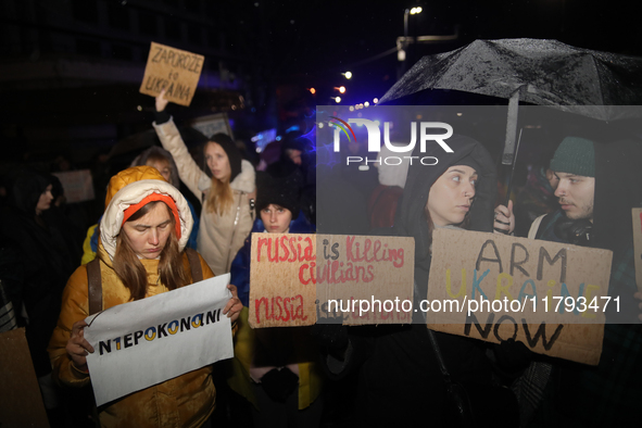 A protest is organized on the 1000th day of the war in Ukraine opposite the Embassy of the Russian Federation in Warsaw, Poland, on November...