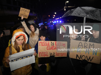 A protest is organized on the 1000th day of the war in Ukraine opposite the Embassy of the Russian Federation in Warsaw, Poland, on November...