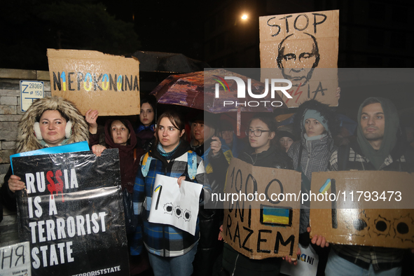 A protest is organized on the 1000th day of the war in Ukraine opposite the Embassy of the Russian Federation in Warsaw, Poland, on November...