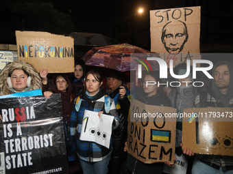 A protest is organized on the 1000th day of the war in Ukraine opposite the Embassy of the Russian Federation in Warsaw, Poland, on November...