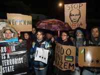 A protest is organized on the 1000th day of the war in Ukraine opposite the Embassy of the Russian Federation in Warsaw, Poland, on November...