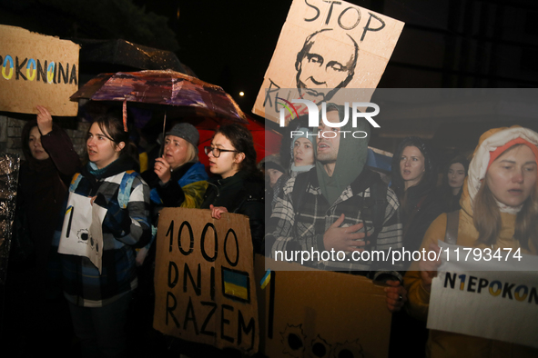 A protest is organized on the 1000th day of the war in Ukraine opposite the Embassy of the Russian Federation in Warsaw, Poland, on November...