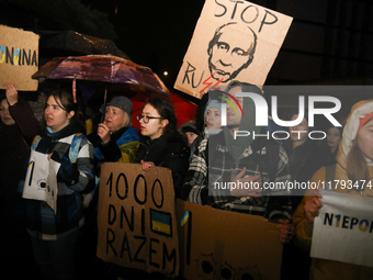 A protest is organized on the 1000th day of the war in Ukraine opposite the Embassy of the Russian Federation in Warsaw, Poland, on November...