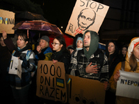 A protest is organized on the 1000th day of the war in Ukraine opposite the Embassy of the Russian Federation in Warsaw, Poland, on November...