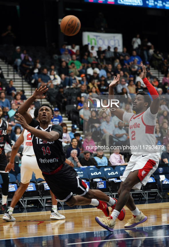 Tyson Walker #14 of Texas Legends shoots the ball against Memphis Hustle during the NBA G League regular season match at Comerica Center in...