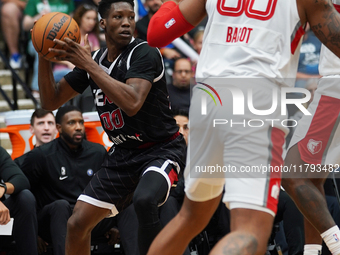 Jazian Gortman #00 of Texas Legends looks to pass the ball against Memphis Hustle during the NBA G League regular season match at Comerica C...