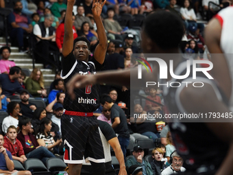 Jazian Gortman #00 of Texas Legends shoots the ball against Memphis Hustle during the NBA G League regular season match at Comerica Center i...