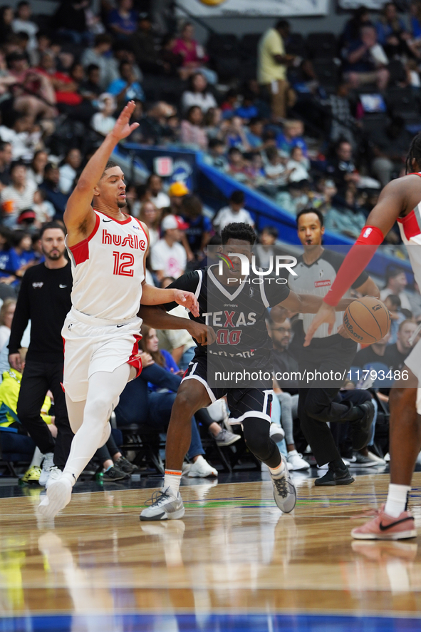 Jazian Gortman #00 of Texas Legends drives to the basket against Memphis Hustle during the NBA G League regular season match at Comerica Cen...