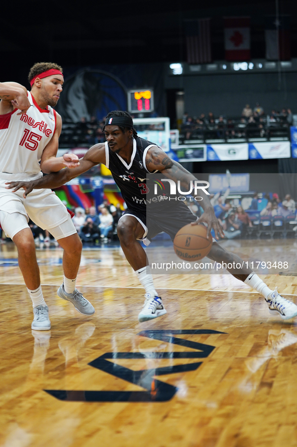 Emanuel Miller #3 of Texas Legends drives to the basket against Memphis Hustle during the NBA G League regular season match at Comerica Cent...