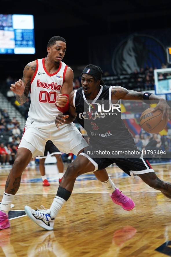 Emanuel Miller #3 of Texas Legends drives to the basket against Memphis Hustle during the NBA G League regular season match at Comerica Cent...