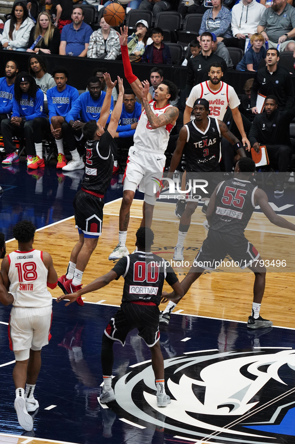 Miles Norris #8 of Memphis Hustle drives to the basket against Texas Legends during the NBA G League regular season match at Comerica Center...