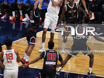 Miles Norris #8 of Memphis Hustle drives to the basket against Texas Legends during the NBA G League regular season match at Comerica Center...