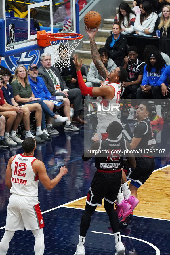 Armando Bacot #00 of Memphis Hustle drives to the basket against Texas Legends during the NBA G League regular season match at Comerica Cent...