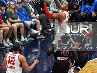 Armando Bacot #00 of Memphis Hustle drives to the basket against Texas Legends during the NBA G League regular season match at Comerica Cent...