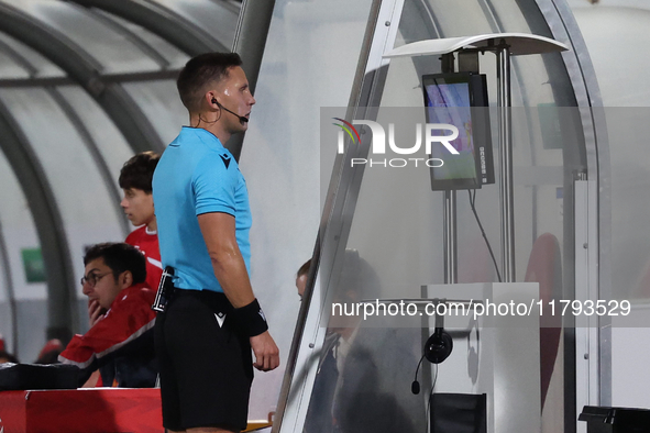 In Ta' Qali, Malta, on November 19, 2024, UEFA appoints match referee Luka Bilbija to consult the VAR monitor during the UEFA Nations League...