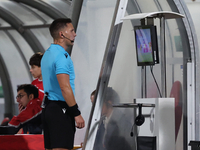 In Ta' Qali, Malta, on November 19, 2024, UEFA appoints match referee Luka Bilbija to consult the VAR monitor during the UEFA Nations League...