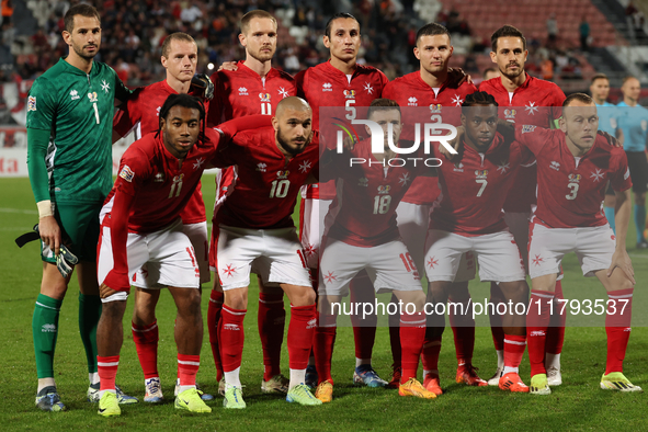 In Ta' Qali, Malta, on November 19, 2024, Malta's national soccer team players gather for a team photo before the UEFA Nations League, Leagu...