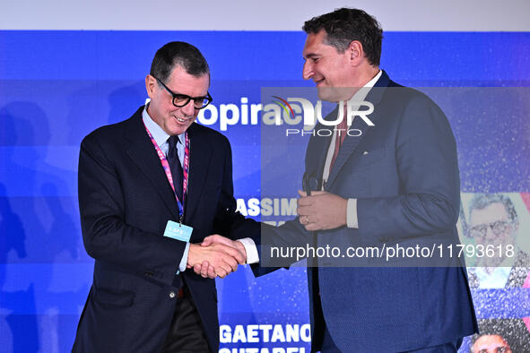 Romano Righetti from DAZN and Luigi De Siervo from Lega Serie A attend the Social Football Summit 2024 at the Olympic Stadium in Rome, Italy...