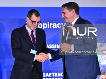 Romano Righetti from DAZN and Luigi De Siervo from Lega Serie A attend the Social Football Summit 2024 at the Olympic Stadium in Rome, Italy...