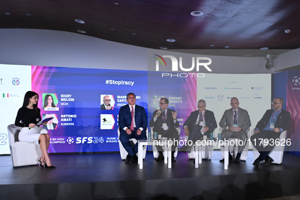 (L-R) Giusy Meloni from DAZN, Luigi De Siervo from Lega Serie A, Romano Righetti from DAZN, Antonio Amati from ALMAVIVA, Gaetano Cutarelli f...