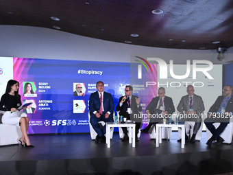 (L-R) Giusy Meloni from DAZN, Luigi De Siervo from Lega Serie A, Romano Righetti from DAZN, Antonio Amati from ALMAVIVA, Gaetano Cutarelli f...