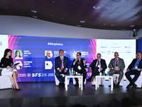 (L-R) Giusy Meloni from DAZN, Luigi De Siervo from Lega Serie A, Romano Righetti from DAZN, Antonio Amati from ALMAVIVA, Gaetano Cutarelli f...