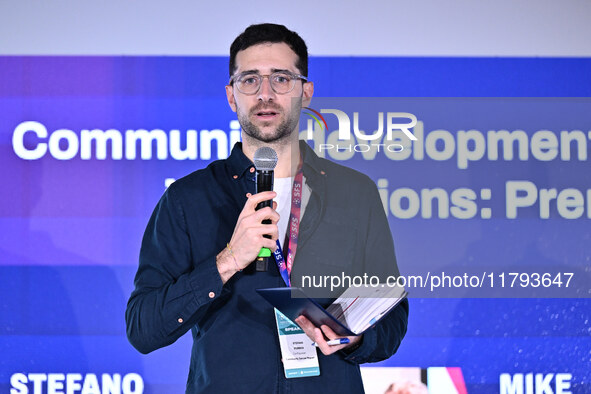 Stefano D'Errico presents the COMMUNITY SOCCER REPORT during the Social Football Summit 2024 at the Olympic Stadium in Rome, Italy, on Novem...