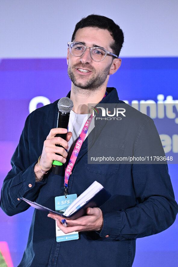 Stefano D'Errico presents the COMMUNITY SOCCER REPORT during the Social Football Summit 2024 at the Olympic Stadium in Rome, Italy, on Novem...