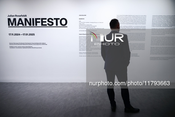 The opening of 'Manifesto' exhibition by Julian Rosefeldt in the Centre Of Contemporary Art in Torun, Poland on November 17, 2024. The exhib...