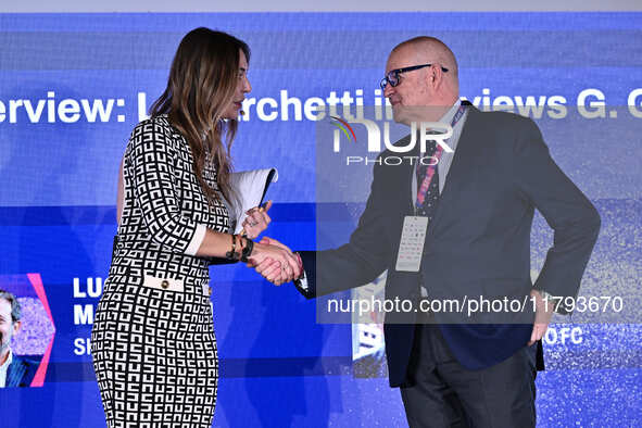 Marina Presello of SKY and Giovanni Gardini of PALERMO FC participate in the Social Football Summit 2024 at the Olympic Stadium in Rome, Ita...